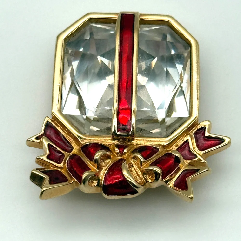 Vintage Swarovski Signed Crystal Christmas Present Box Brooch Pin Red Enamel 90s
